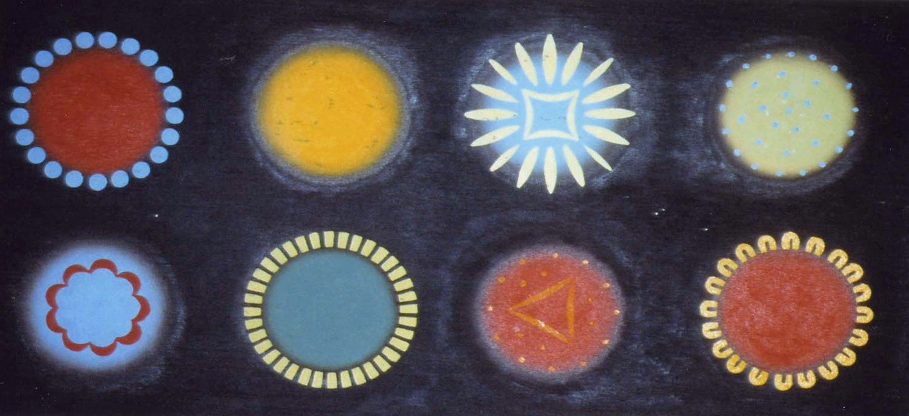 A painting by Patricia Cleary Berlin showing the eight major viruses.