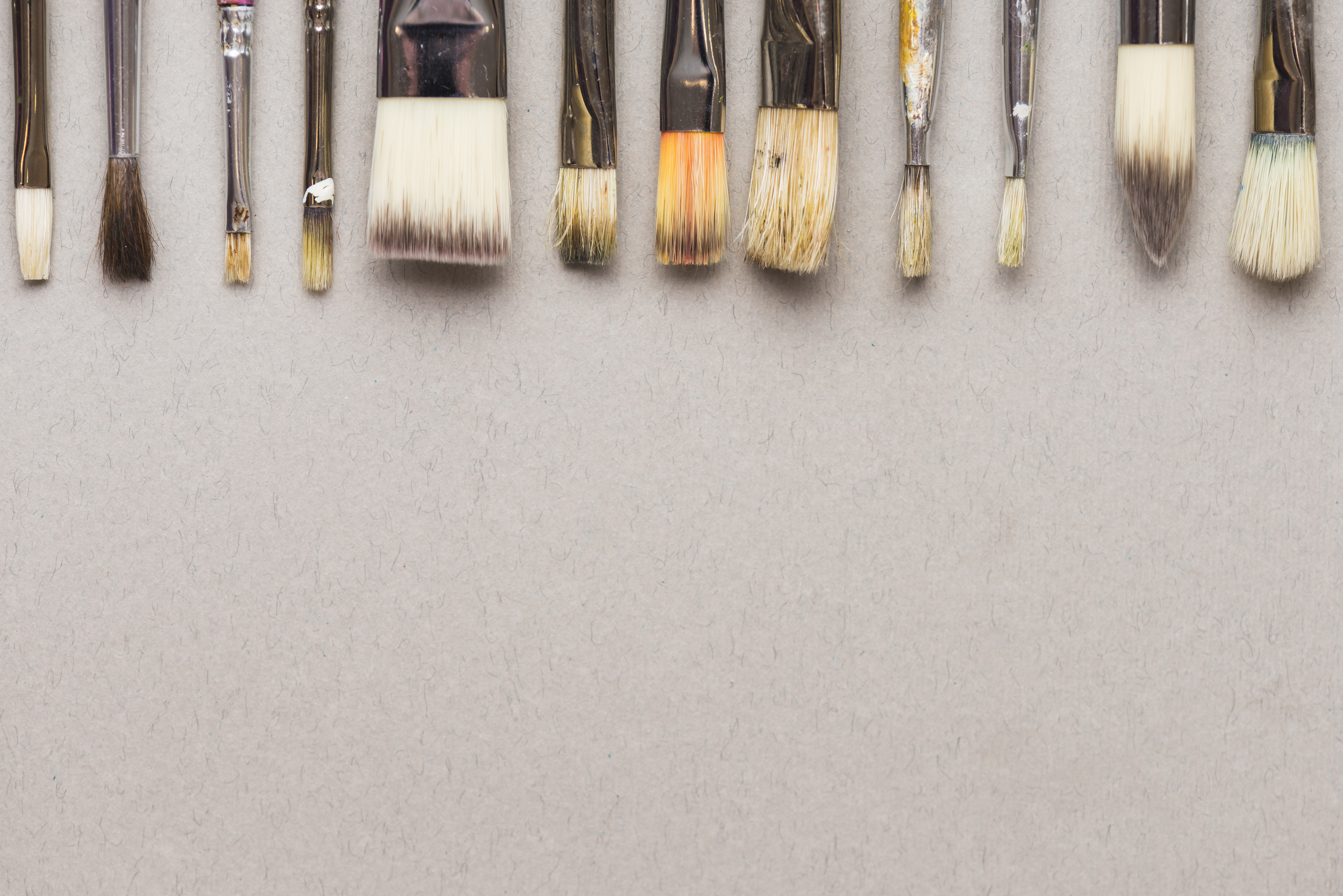 Various paintbrushes lined up along top of photo. The background is beige.