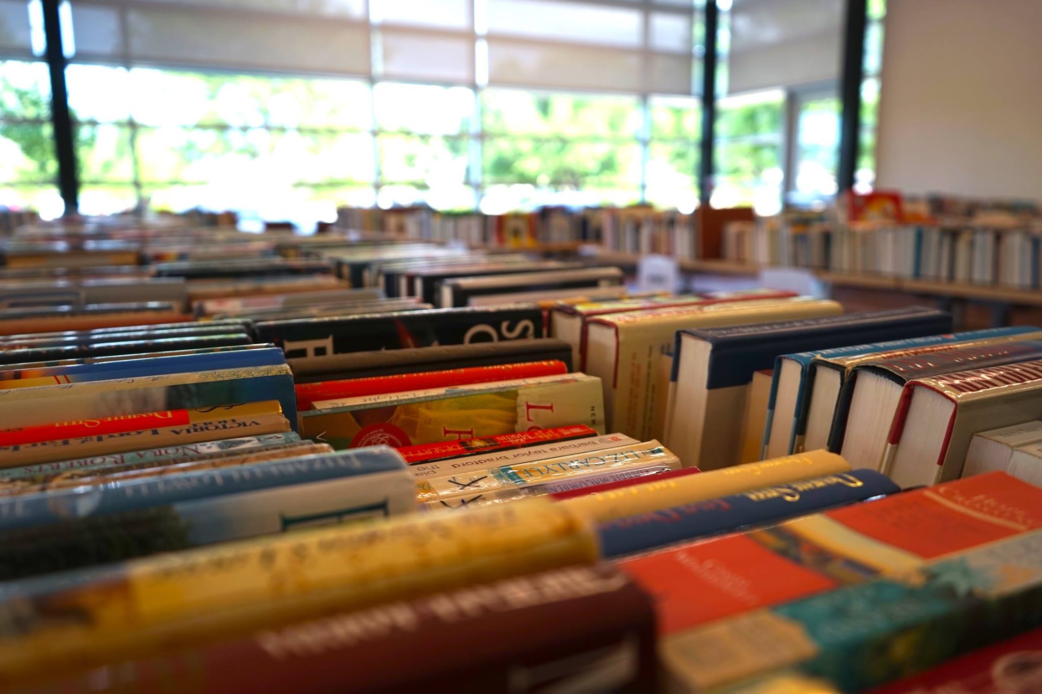 Rows of books lined up on tables for a book sale in front of a large window.