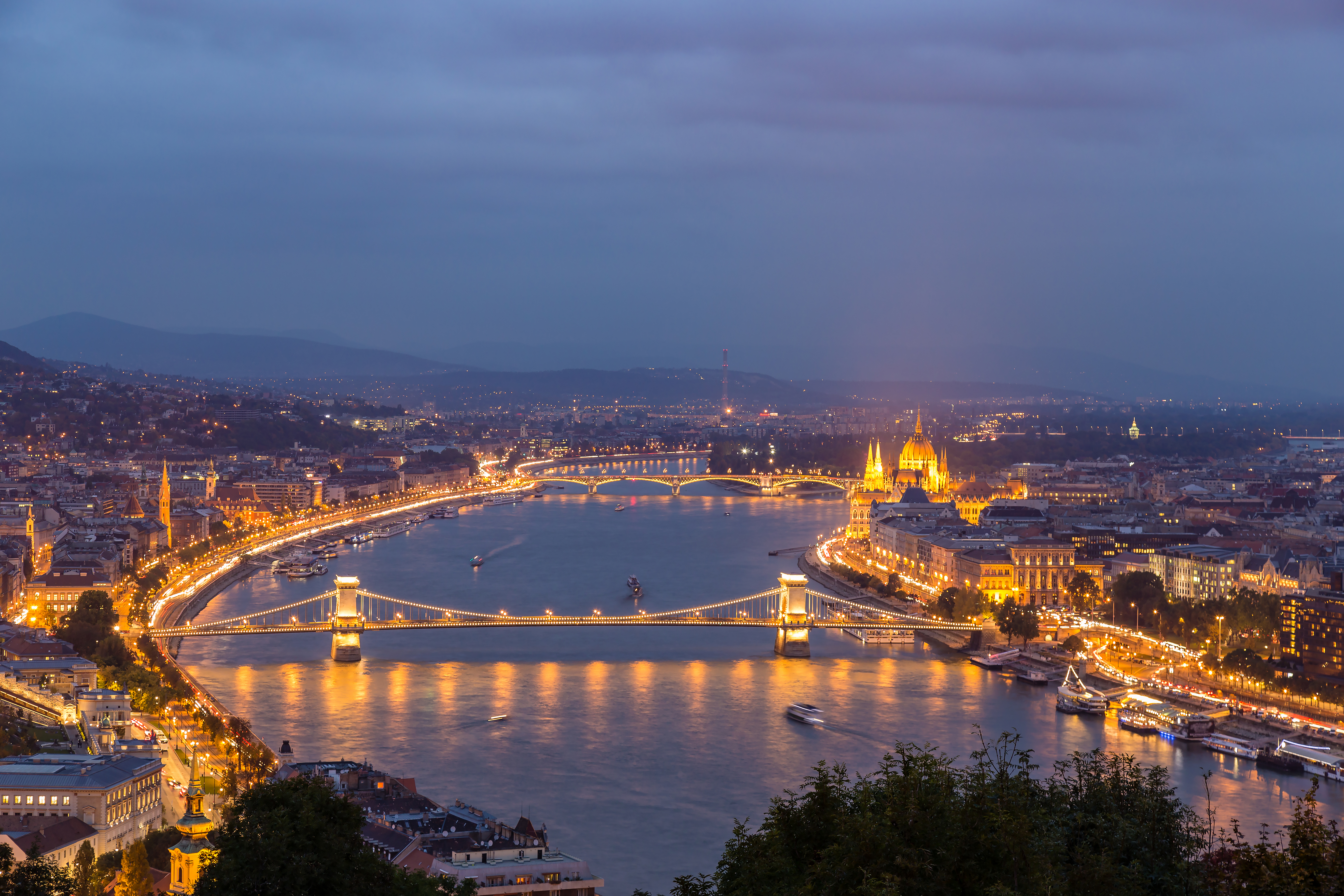 Night view of danube river and budapest.
