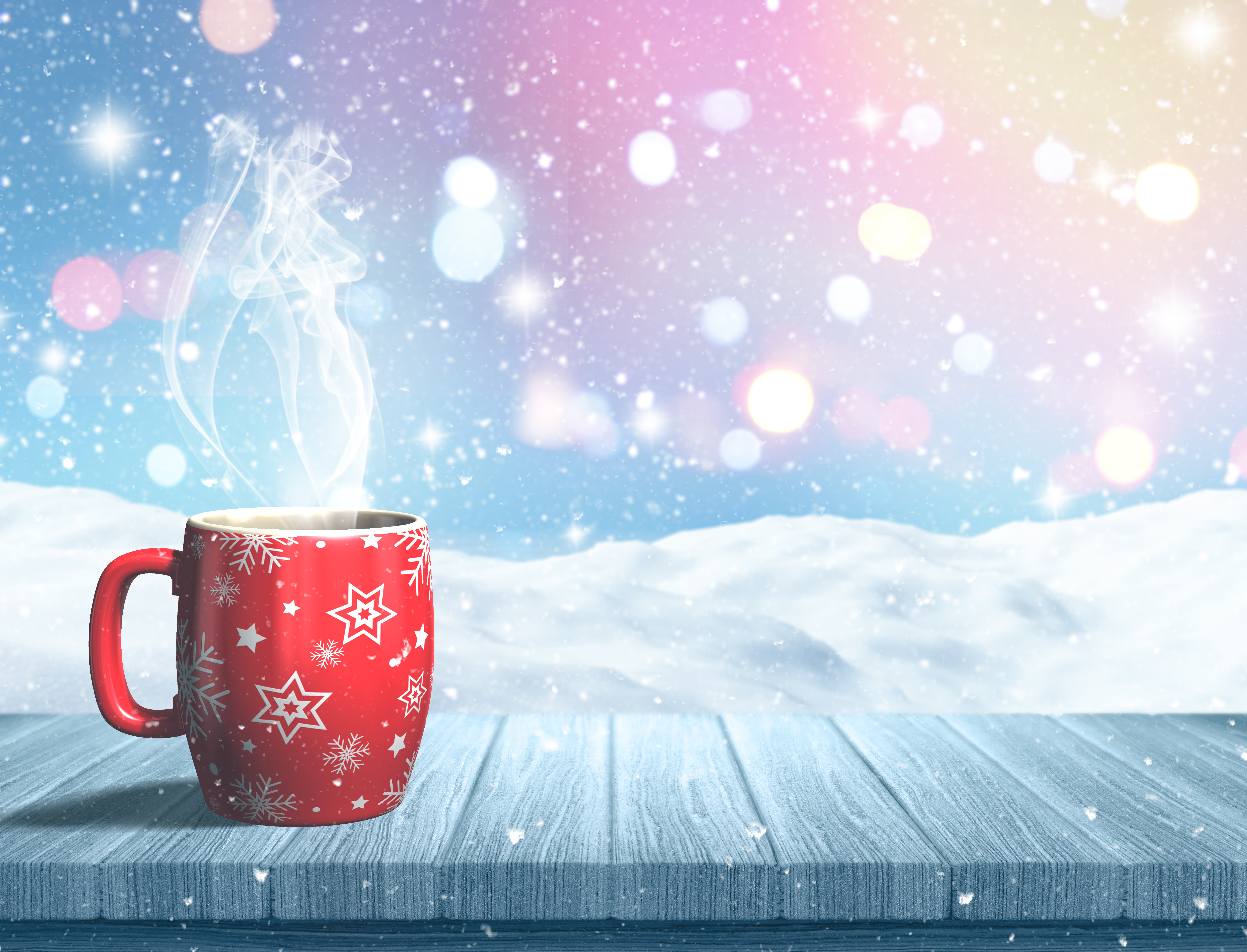 Red mug on a wooden table with colorful background and snowflakes.