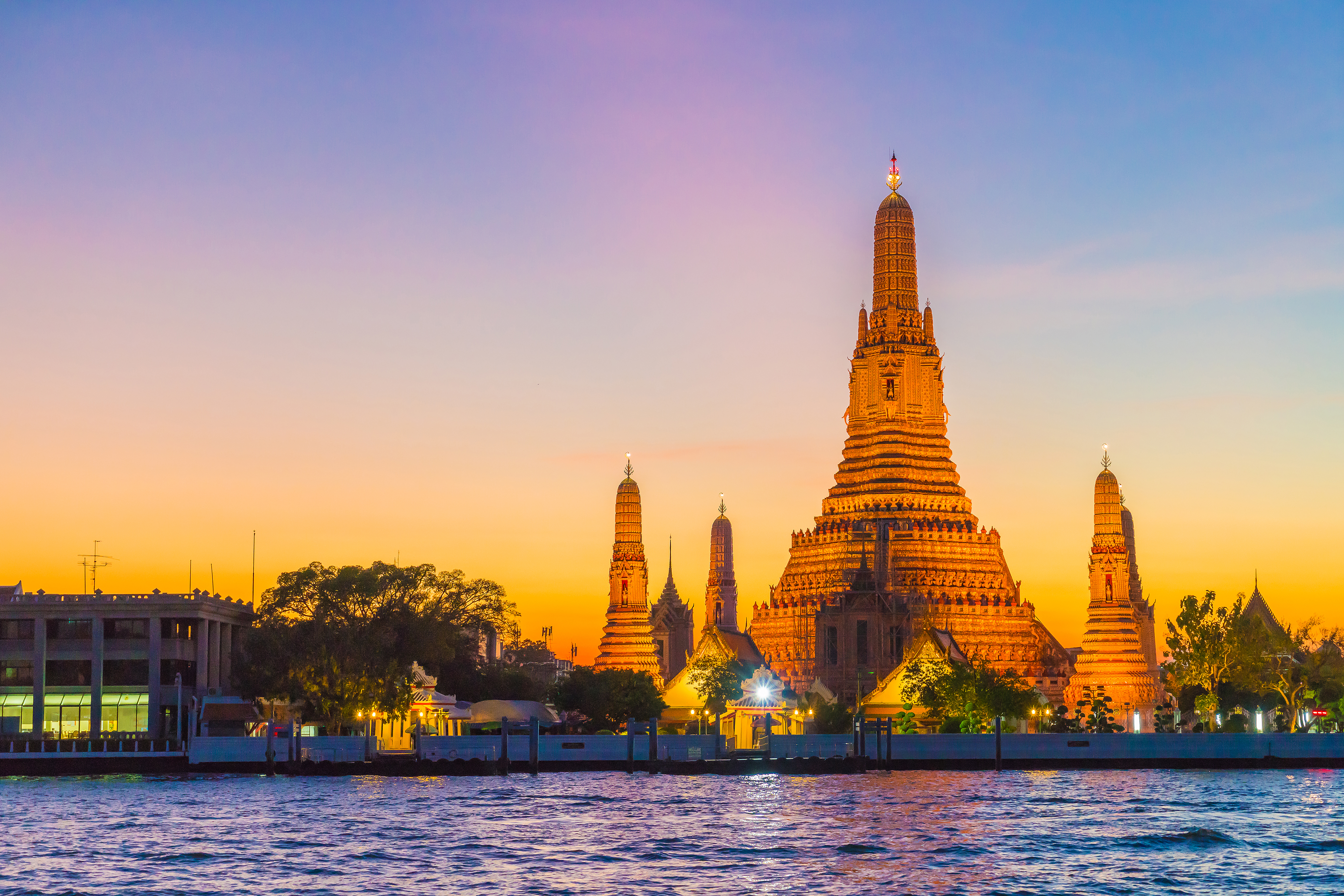 The Wat Arun Temple at twilight in Bangkok Thailand.