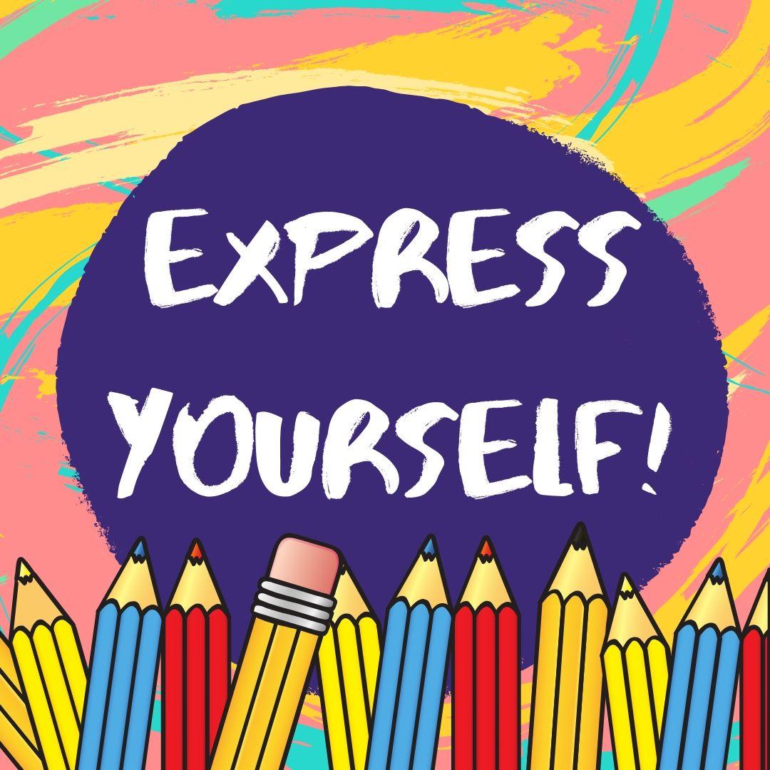 A cartoon image of pencils with an abstract background and the words "express yourself!".