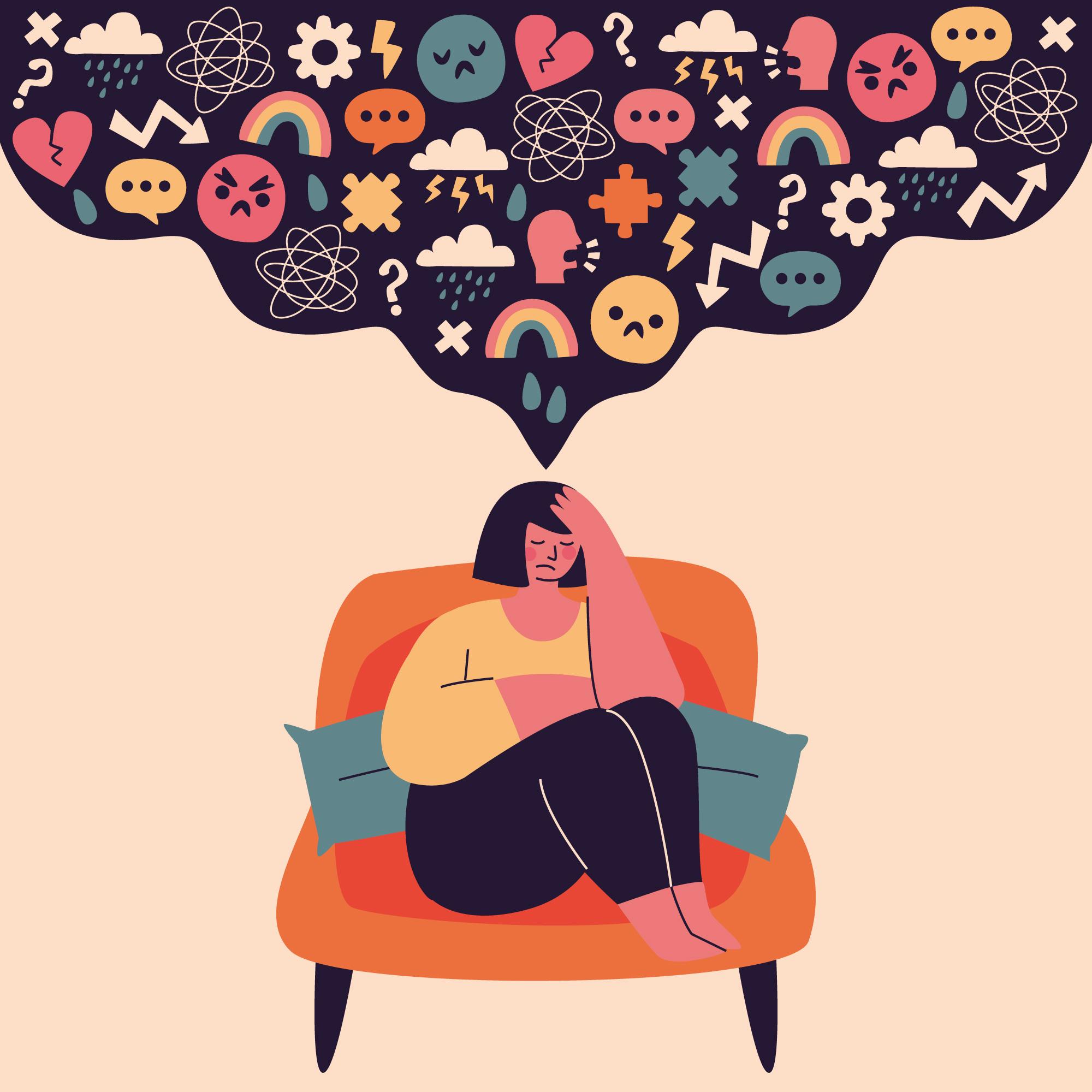 Individual with thought bubble full of positive and stressful icons