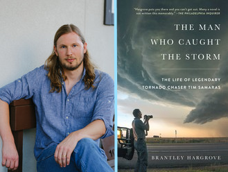 A photo of Brantley Hargrove with an image of his book "The Man Who Caught the Storm"