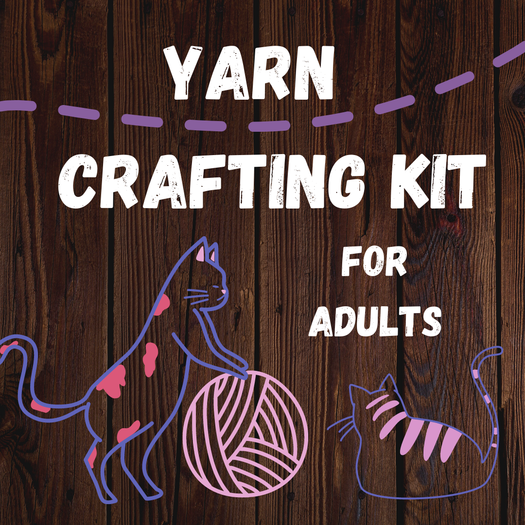 Graphic with two cats and a ball of yarn with text "Yarn Crafting Kit for Adults"