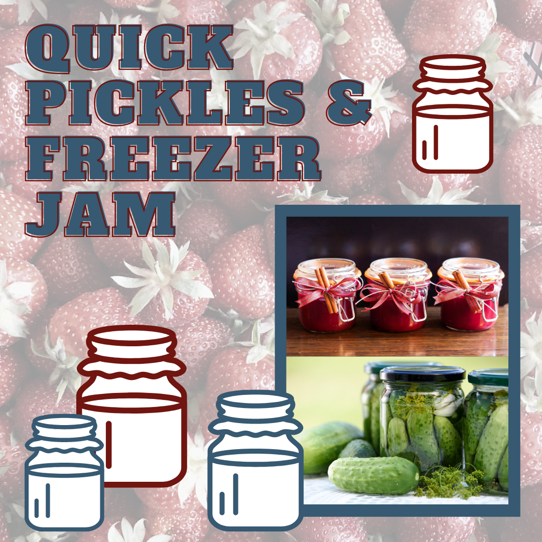 A graphic depicting jars of jam and pickles with the text "Quick Pickles & Freezer Jam"
