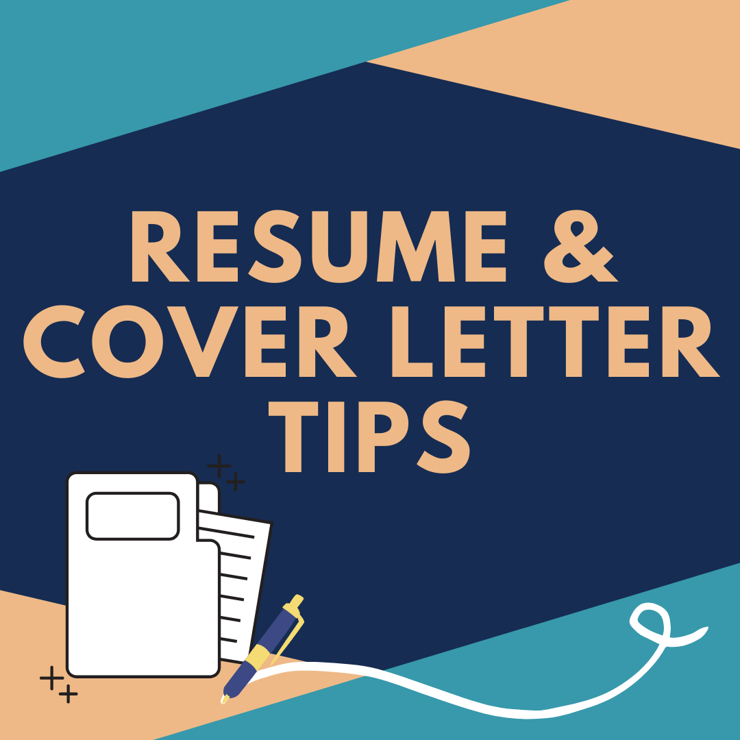 A graphic with a blue and peach geometric background and line art of a folder, paper, and pen.  The text reads "Resume & Cover Letter Tips"