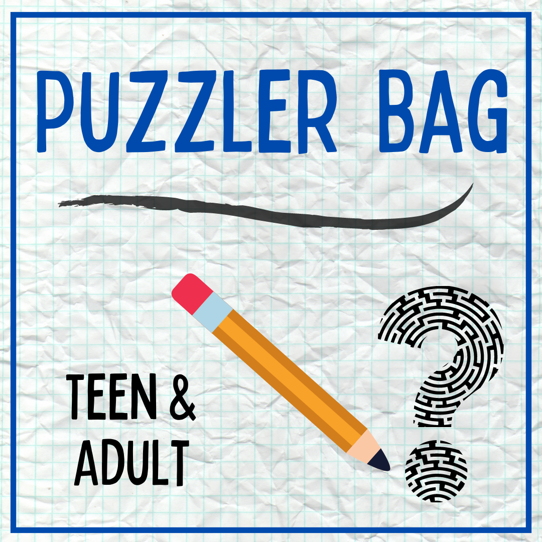 A graphic with a graph paper background.  The text "Puzzler Bag" is in blue at the top.  Underneath are a pencil line, pencil, and question mark with a maze pattern.  The text "Teen & Adult" is in the bottom left corner.