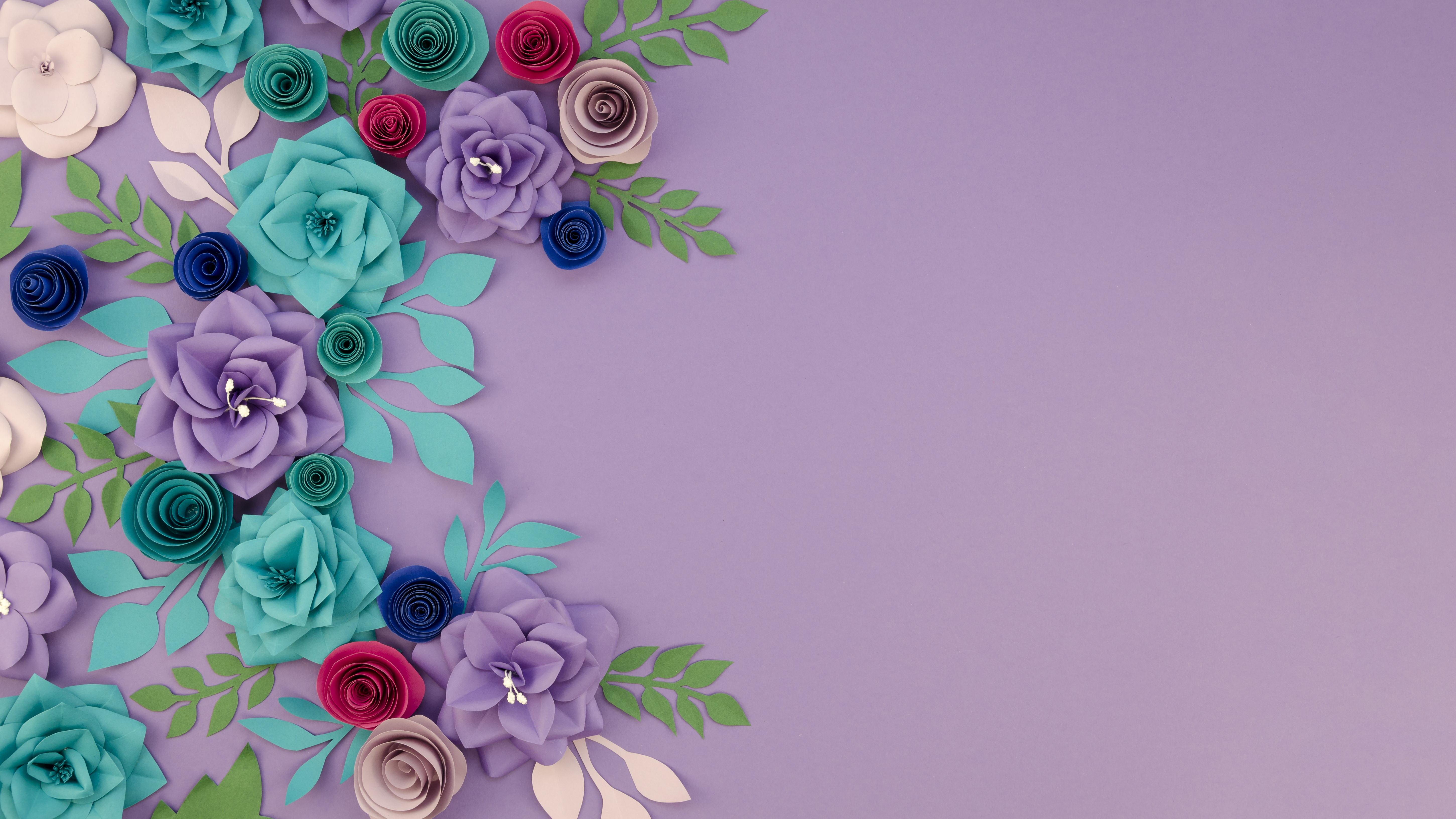 Purple background with various paper flowers scattered on the left side of the image.