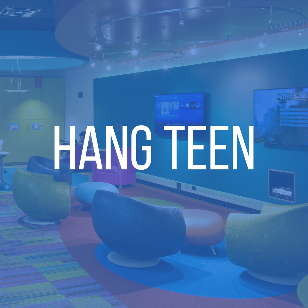 Photo of teen room with blue filter. White text says hang teen. 