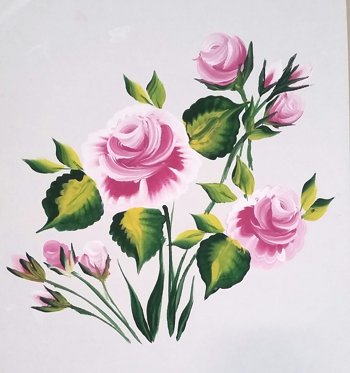 A painting of pink roses on a white background using the one stroke painting technique.