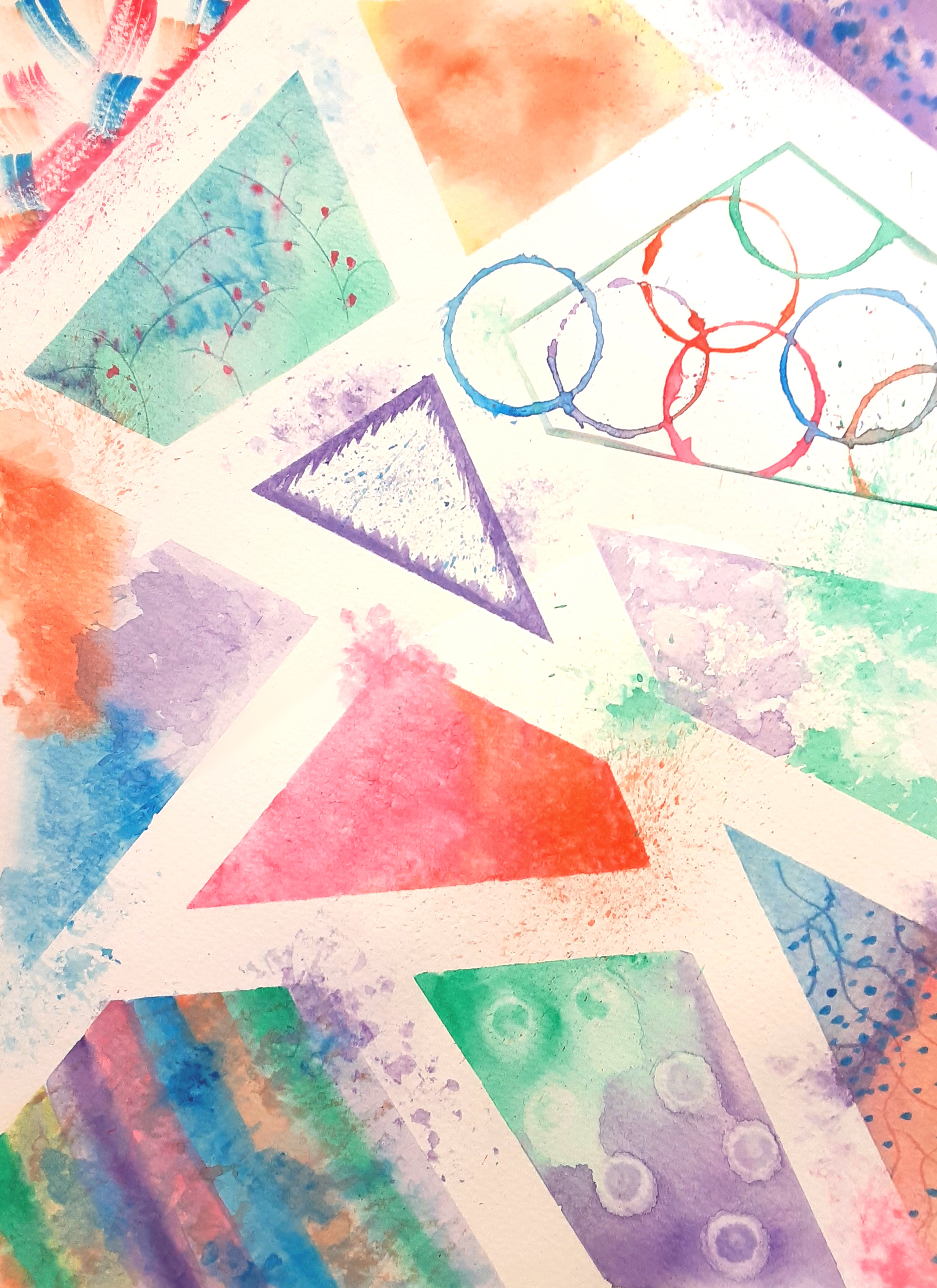 An abstract painting made with watercolors featuring geometric designs in a variety of colors.