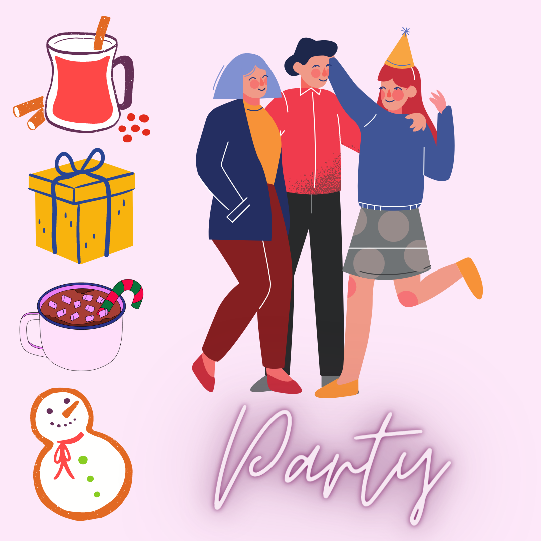 Pastel background with graphics of teens, cider, a present, hot chocolate, and gingerbread cookie. 
