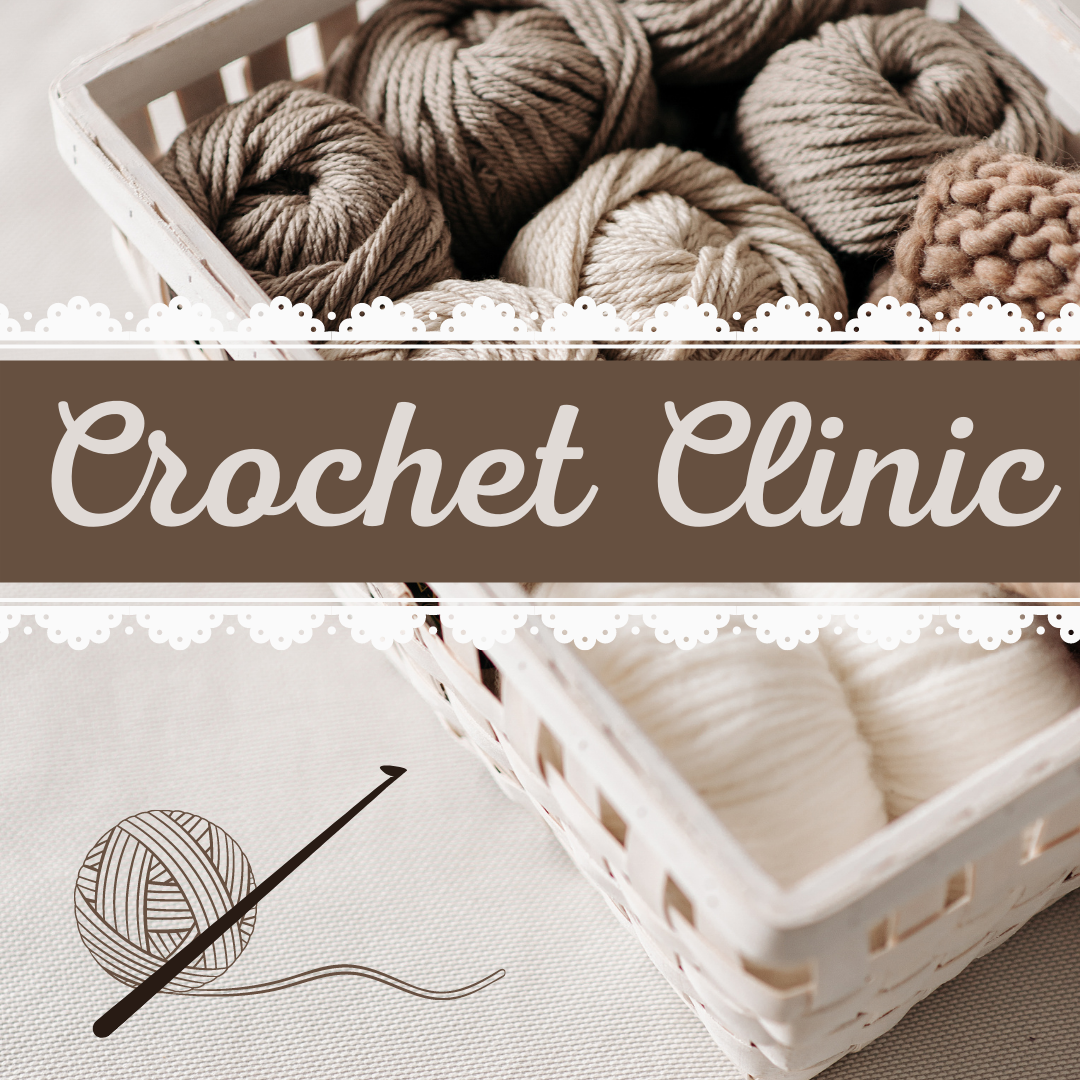 A picture in sepia tones showing a box of yarn with the words "Crochet Clinic" across the front of the image.  A line drawing of a ball of yarn and a crochet hook are below the text.