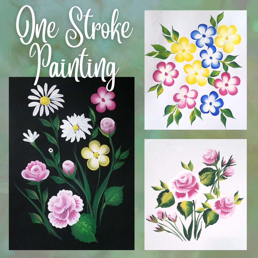 Three paintings of pink, yellow, and blue flowers on a green background made using the one stroke painting method.  The text "One Stroke Painting" is in the upper left corner.