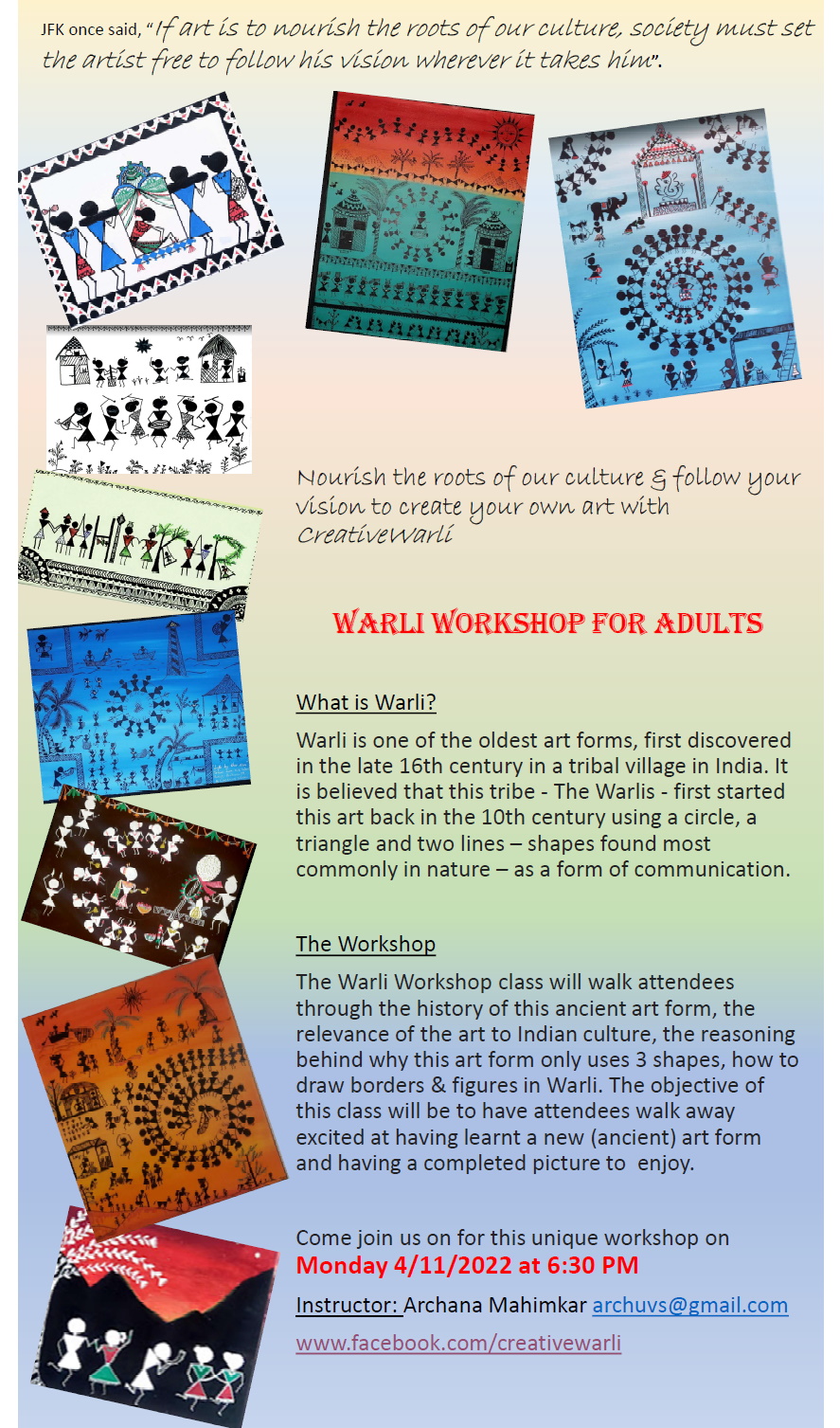 An image of a flyer with examples of warli art across the top and down the left edge.  A text description of the workshop is in the center right of the image.