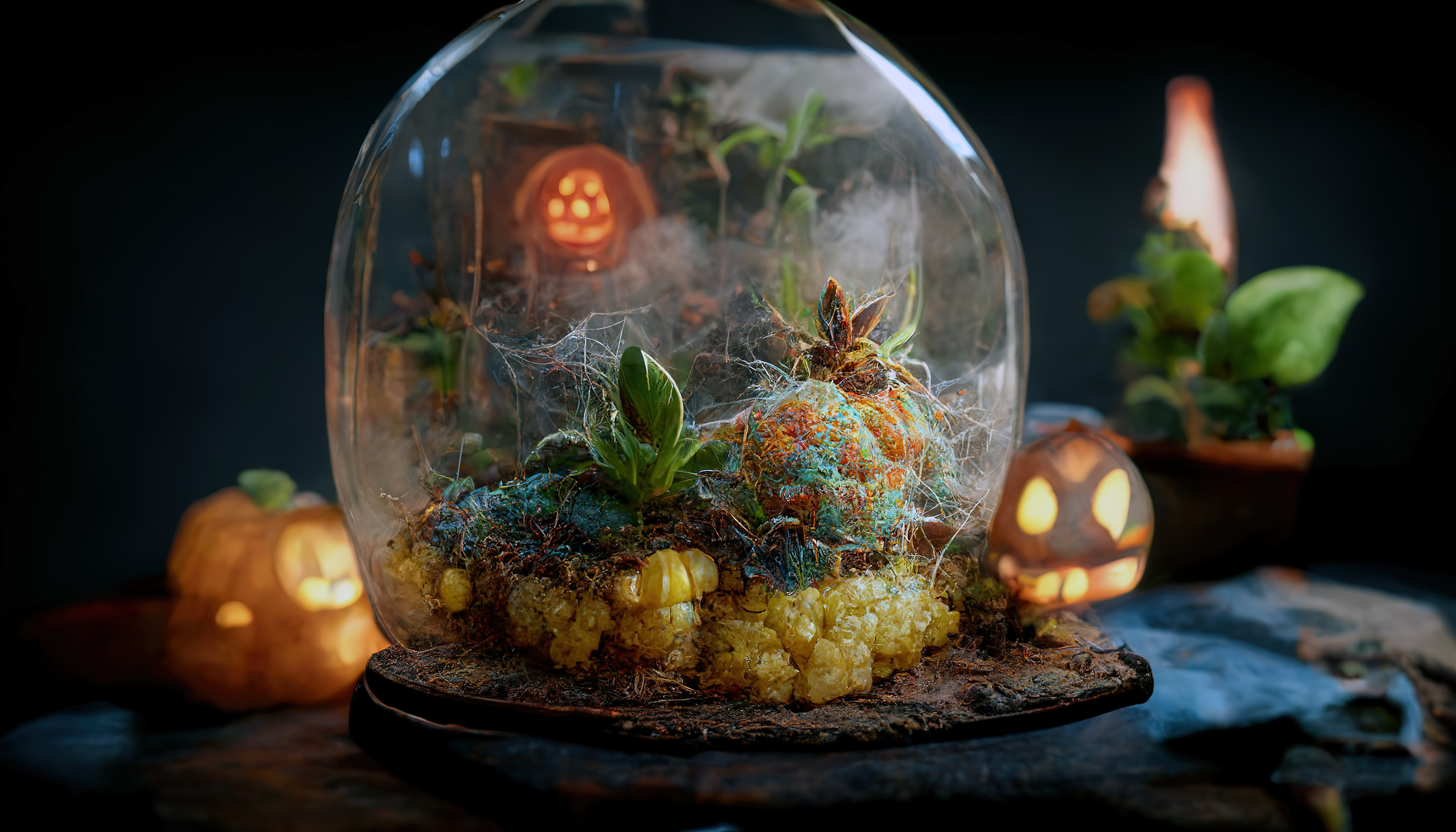 Spooky terrarium with pumpkin halloween