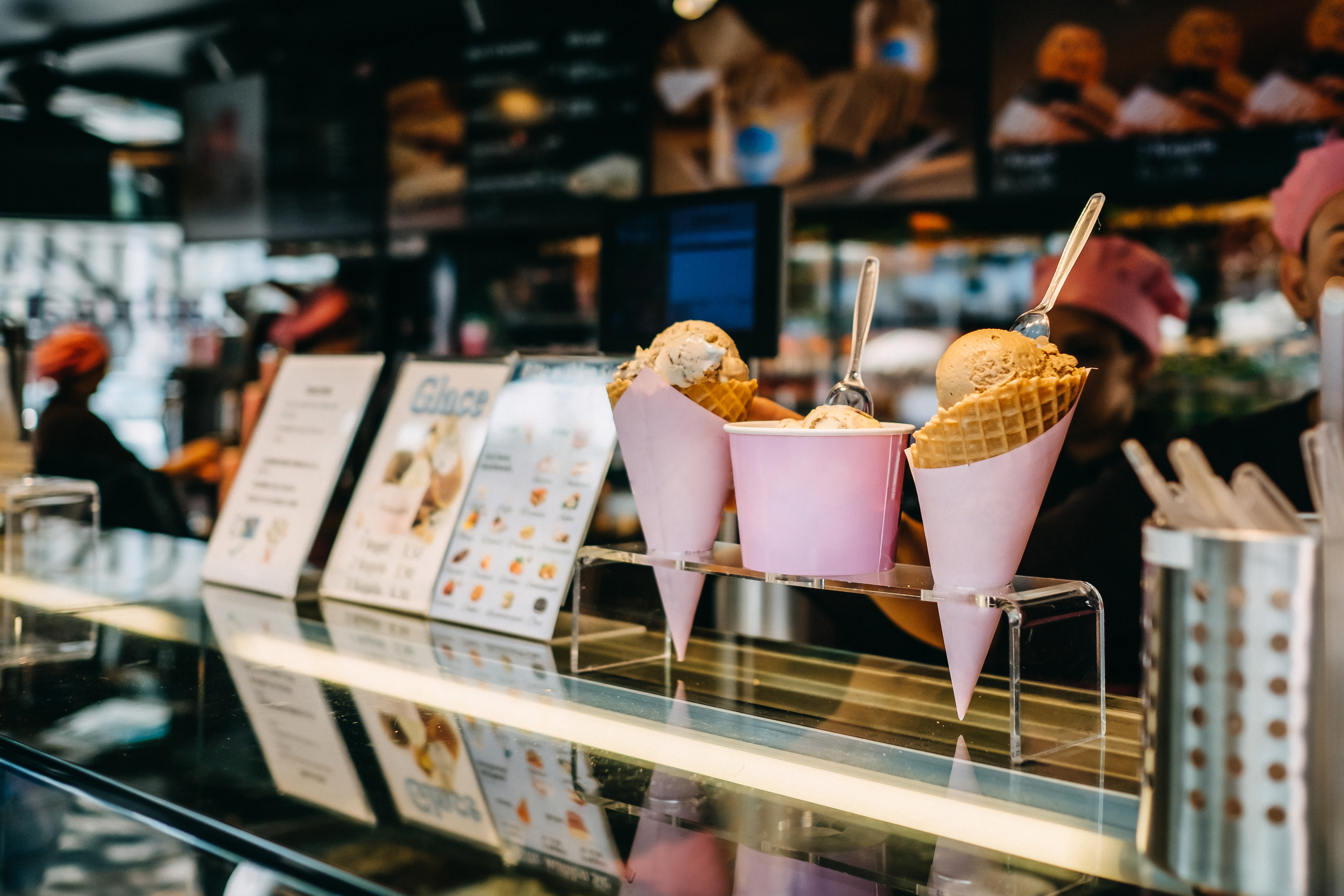 Ice cream cones on top of a glass stand