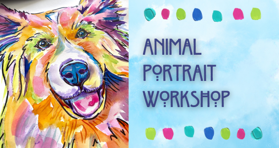 A colorful portrait of a dog made with markers and watercolors.  Text to the right reads "Animal Portrait Workshop."