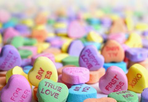 Close up of conversation hearts.