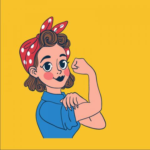 Cartoon drawing of a Rosie the Riveter inspired character on a yellow background.