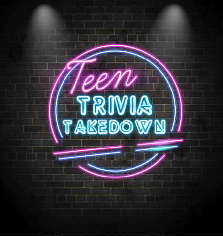 Computer generated image of a brick wall with a neon sign that says Teen Trivia Takedown.