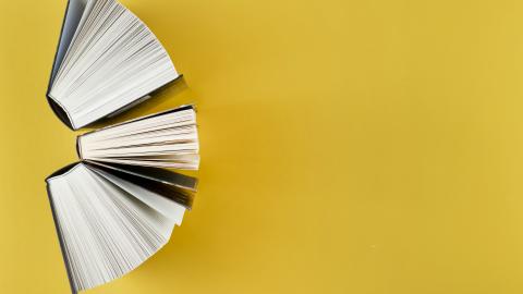 Birdseye view of three books standing up, fanned out on the left side on top of a yellow background.