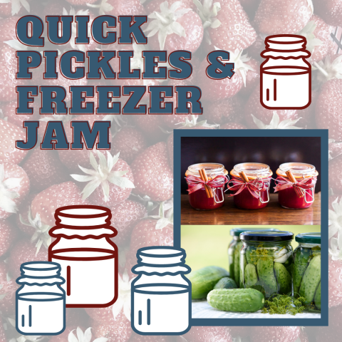 A graphic depicting jars of jam and pickles with the text "Quick Pickles & Freezer Jam"