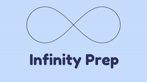 Infinity sign on light blue background with text "Infinity Prep" underneath. 