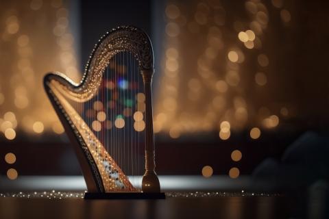 A harp sitting in a concert hall