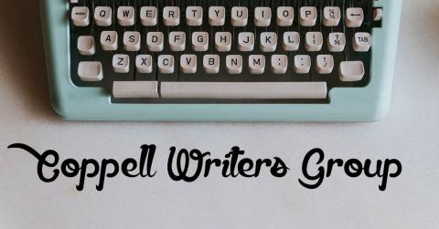 A blue typewriter with white keys and the text Coppell Writer's Group