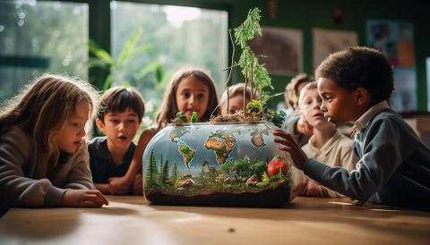 Several children leaning in to look at a aquarium