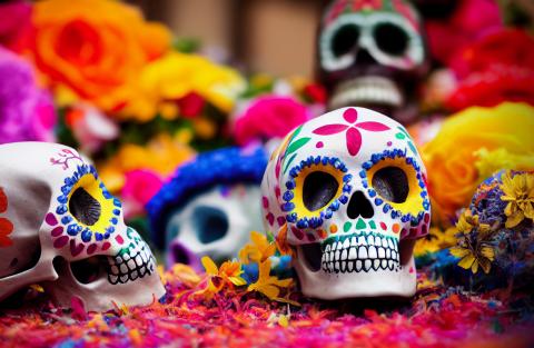 Two painted skulls decorated with flowers for an ofrenda.