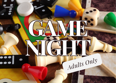 assorted game pieces lie on a table, with text reading Game Night: Adults Only