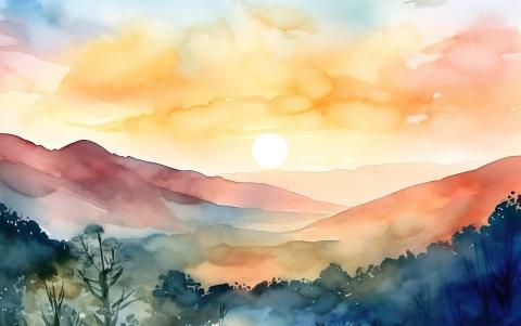 Watercolor landscape with mountain and sunset