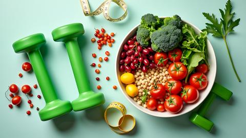 Fresh vegetables with green dumbbells and a yellow measuring tape