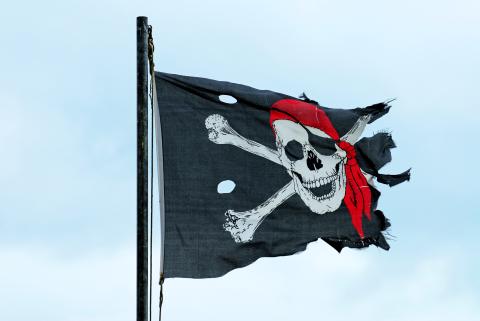 Pirate flag flying on a flagpole.