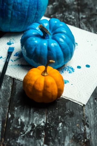 Pumpkins painted blue on a napkin with a paintbrush