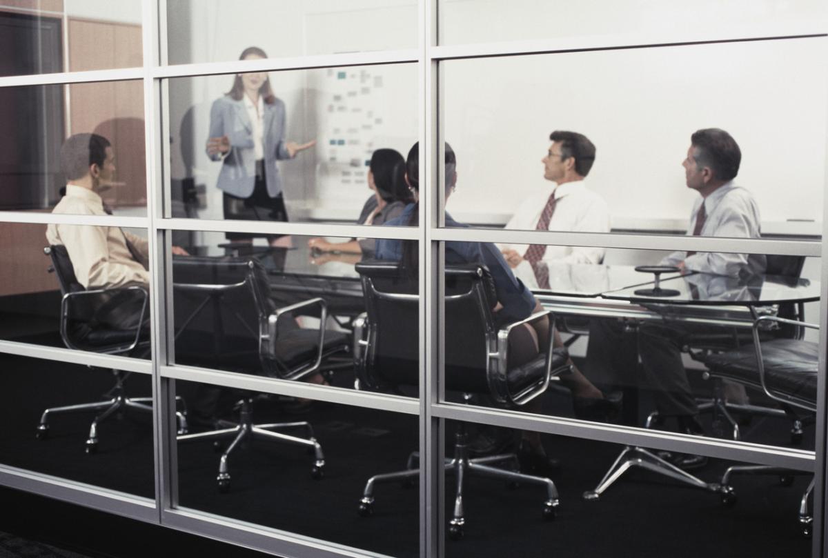 Woman standing and talking in a conference room with men sitting at the table. Photo is taken from the outside of the conference room looking through the glass walls.