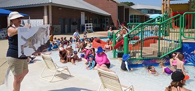 Children and adults in a shallow pool listening to storytime from a librarian.