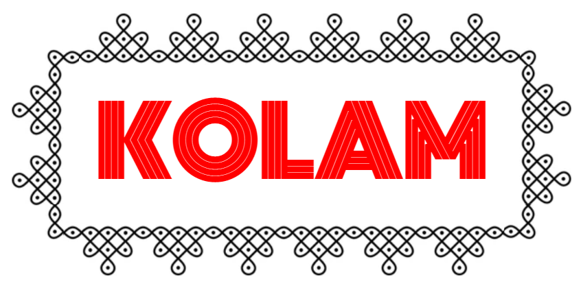 "Kolam" in red text surrounded by a geometric line and dot pattern.