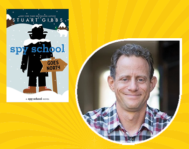 Author Stuart Gibbs and book cover for Spy School Goes North on yellow background.