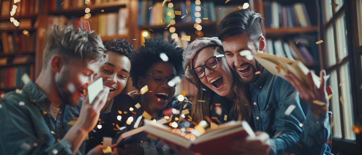 Friends celebrating with a book