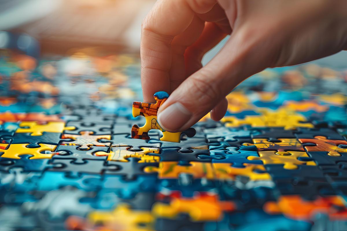 A hand putting in a jigsaw piece