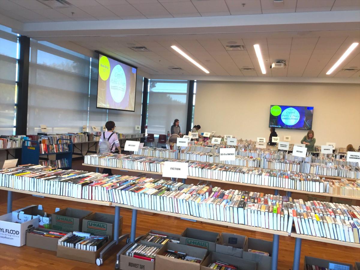 Books lined up on a tables.